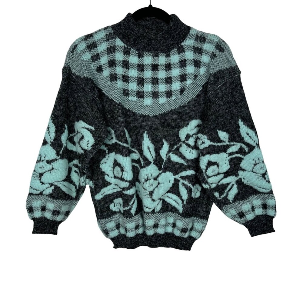 Vintage Arielle Grandmacore Granny Chic Floral & Checkered Cozy Knit Sweater Mad